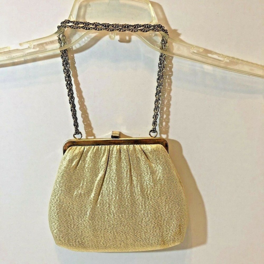 Harry Lavine HL USA Gold Metalic Clutch Handbag W/ Chain Handles & Clasp Close